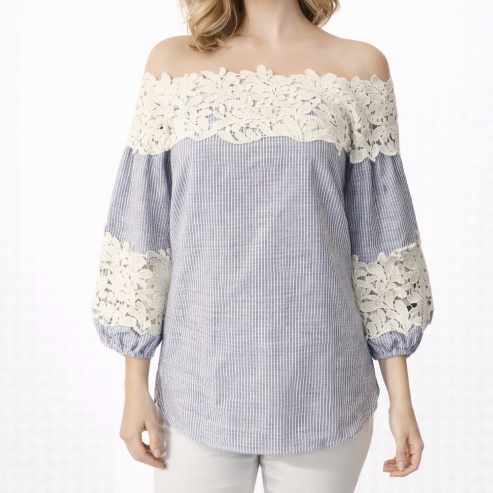 Anthropologie Alice & Trixie Top Blue White XS Extra Small Rich Lace Pinstripe